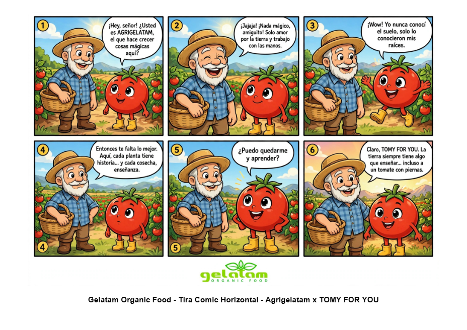 Tira cómica de Agrigelatam y Tomi4You conversando en el cultivo de tomate